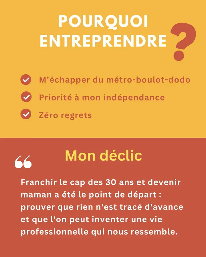 Pourquoi entreprendre ? M’échapper du métro-boulot-dodo. Priorité à mon indépendance. Zéro regrets. Mon déclic : « Franchir le cap des 30 ans et devenir maman a été le point de départ : prouver que rien n’est tracé d’avance et que l’on peut inventer une vie professionnelle qui nous ressemble. »
