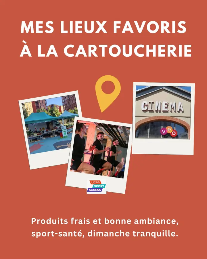 Mes lieux favoris à la Cartoucherie : le marché, UCPA Sport Access et le cinéma Véo. Produits frais et bonne ambiance, sport-santé, dimanche tranquille.